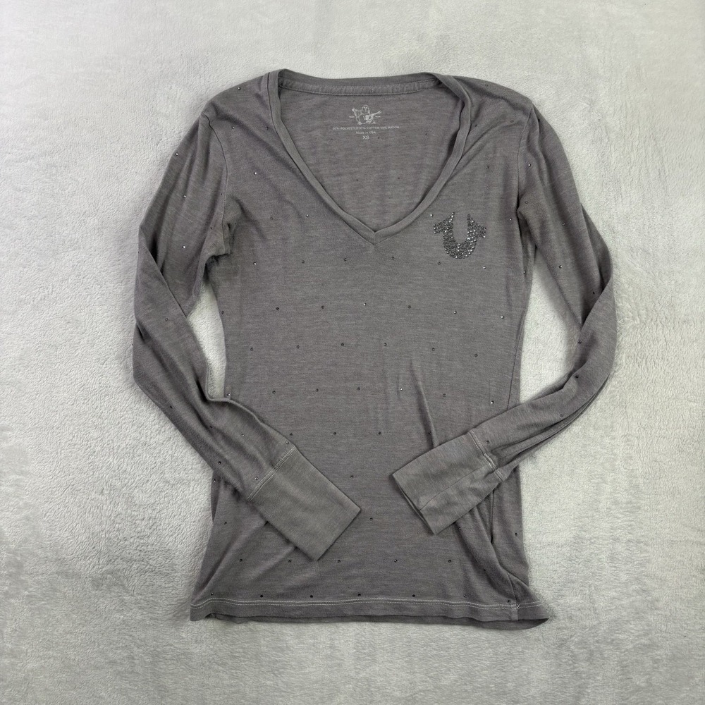 True Religion Long Sleeve Rhinestone V-Neck Grey Top Women's XS